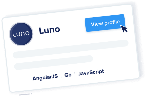 Luno card showing techstack with option for developer to view their company profile.