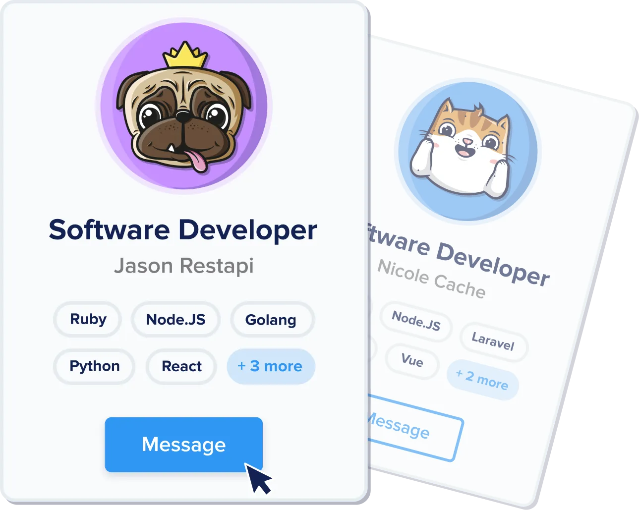 software developer card illustration with a click on the "message" button