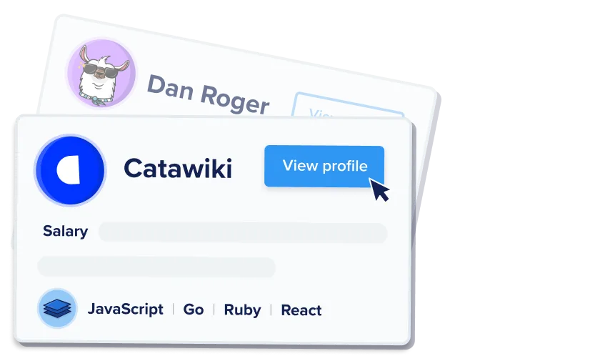 Catawiki card showing techstack with option for developer to view their company profile.
