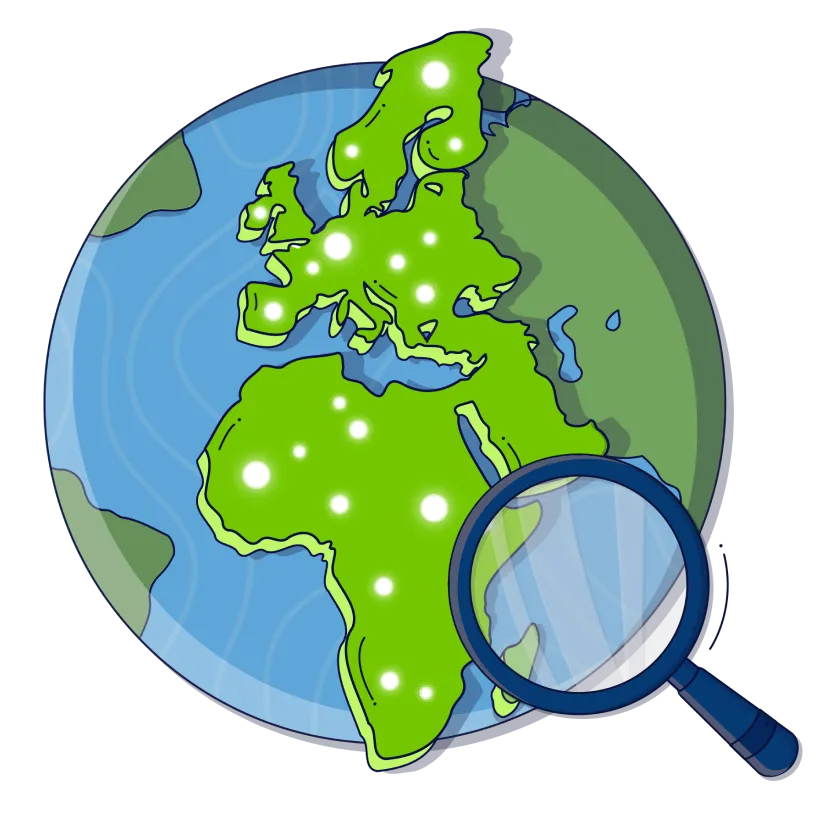 Illustration of a globe with a magnifying glass and marked cities