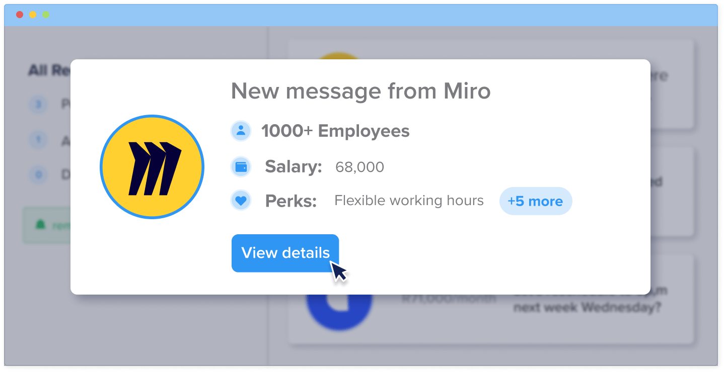  picture with a message from an employer from Miro with an invitation to work
