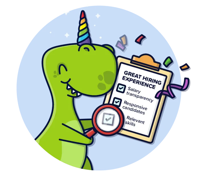 illustration with dinosaurs holding a sign with great hiring experience