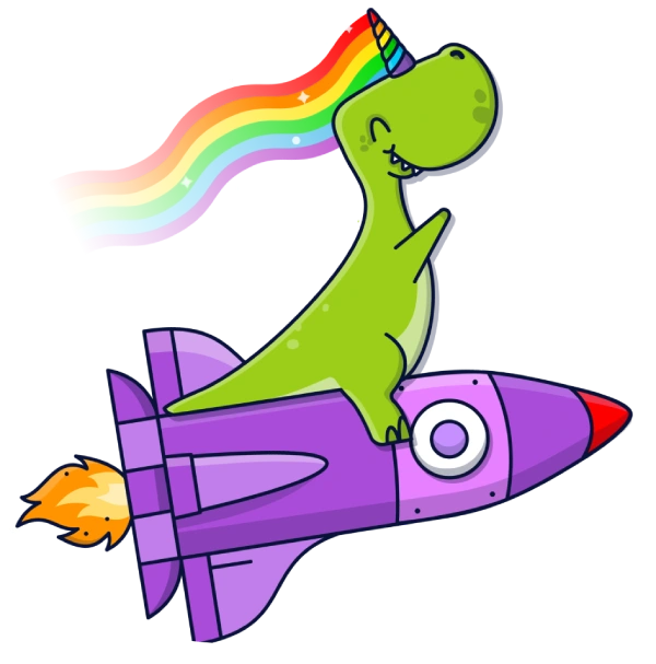  illustration with a dinocorn sitting on a whale and a rainbow flying after them