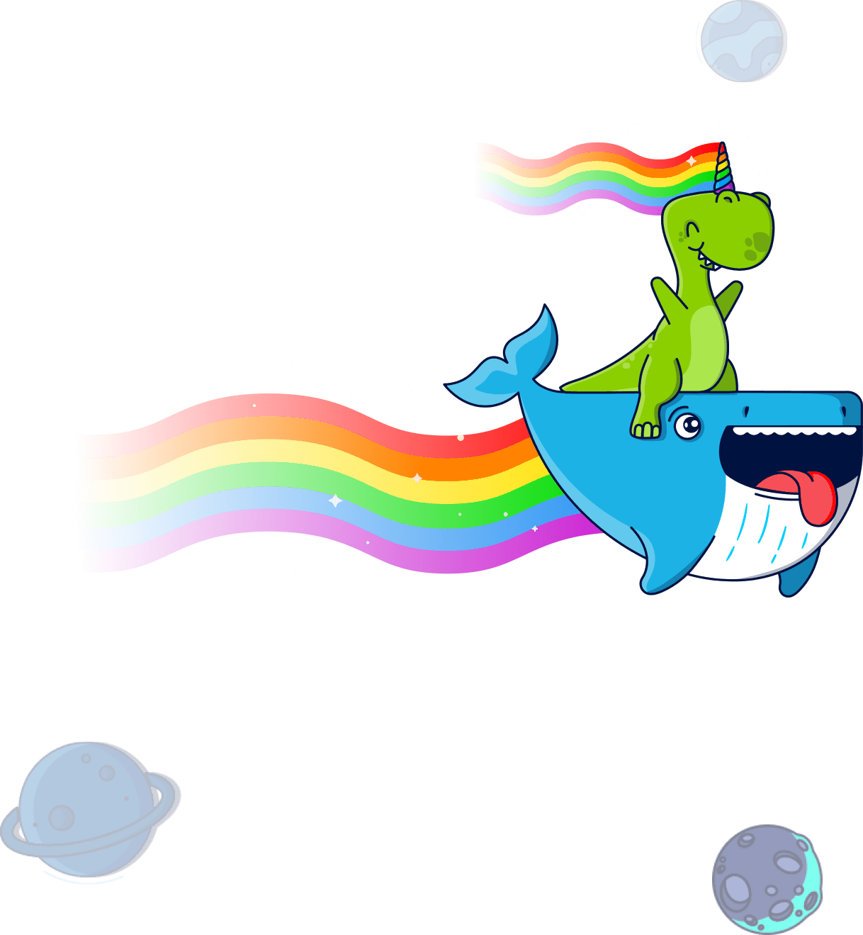  illustration with a dinocorn sitting on a whale and a rainbow flying after them